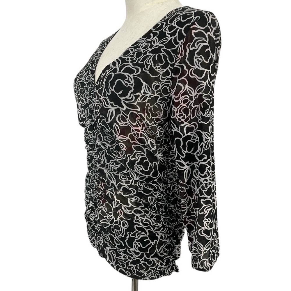 WHBM Black Floral Ruched V Neck 3/4 Sleeve Top Women's Fashion Blouse Reversible - Picture 7 of 11
